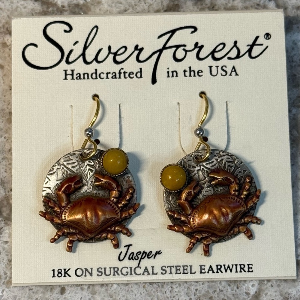 Silver Forest Handcrafted Crab Dangle Earrings – Jasper Accent – Surgical Steel